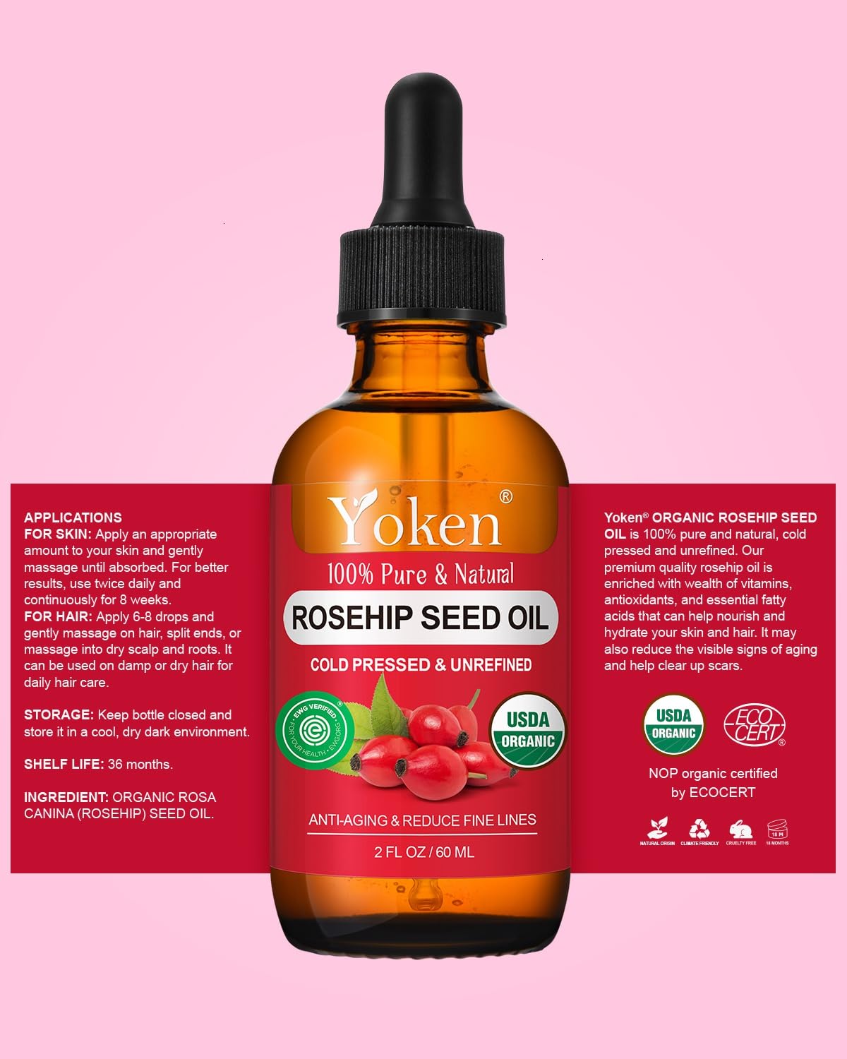 Yoken Aceite Rosa Mosqueta: uso diario para cabello y uñas saludables.