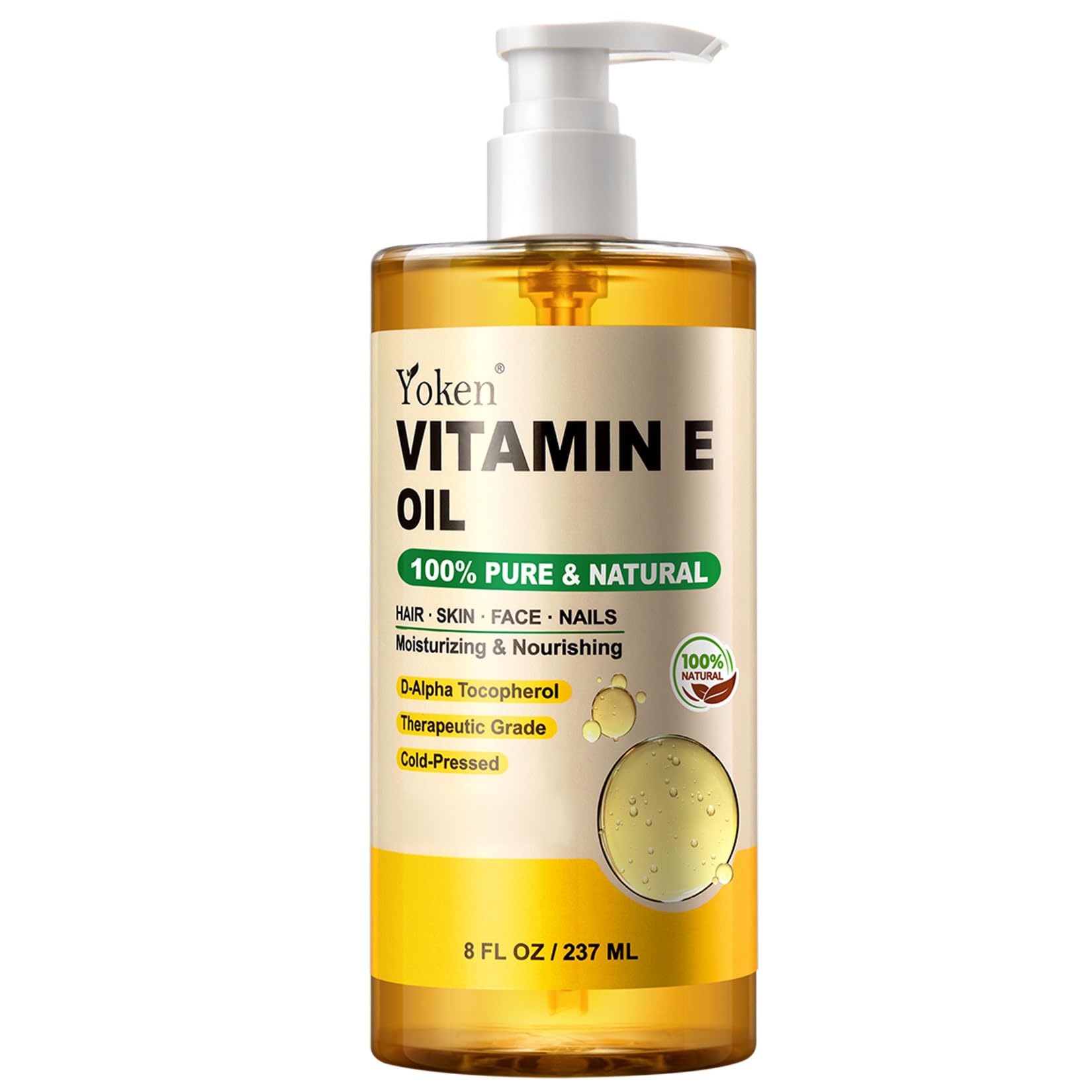 Yoken Aceite de Vitamina E - botella, hidratación suave para piel y rostro.