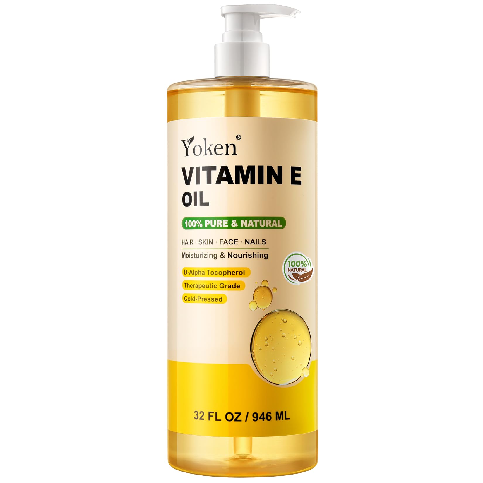 Yoken Aceite Vitamina E envase 32 onzas para hidratación diaria en la piel