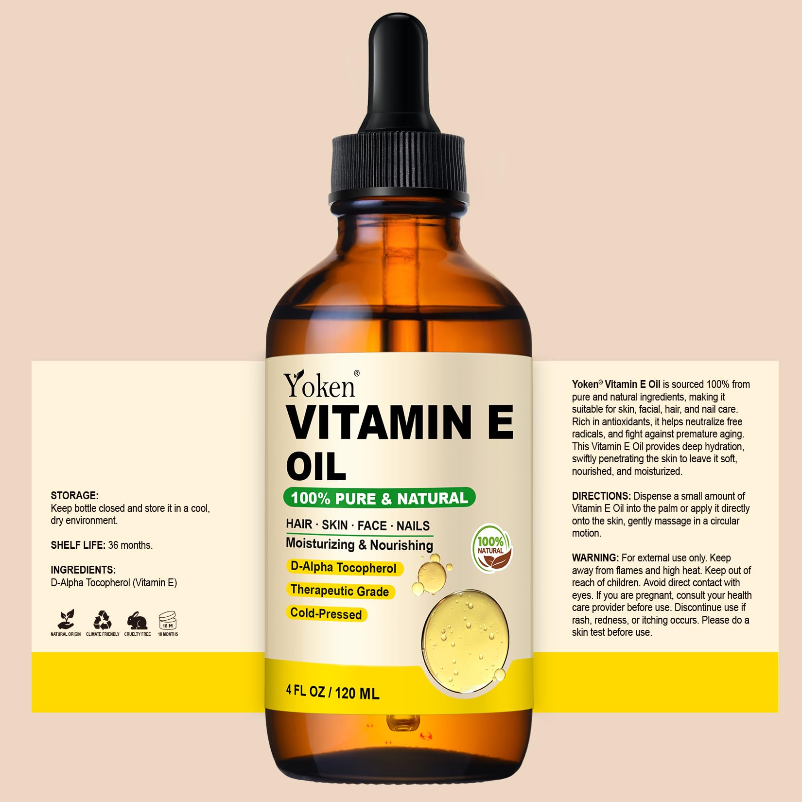 Yoken aceite vitamina E en envase de vidrio, opción ética y libre de crueldad.