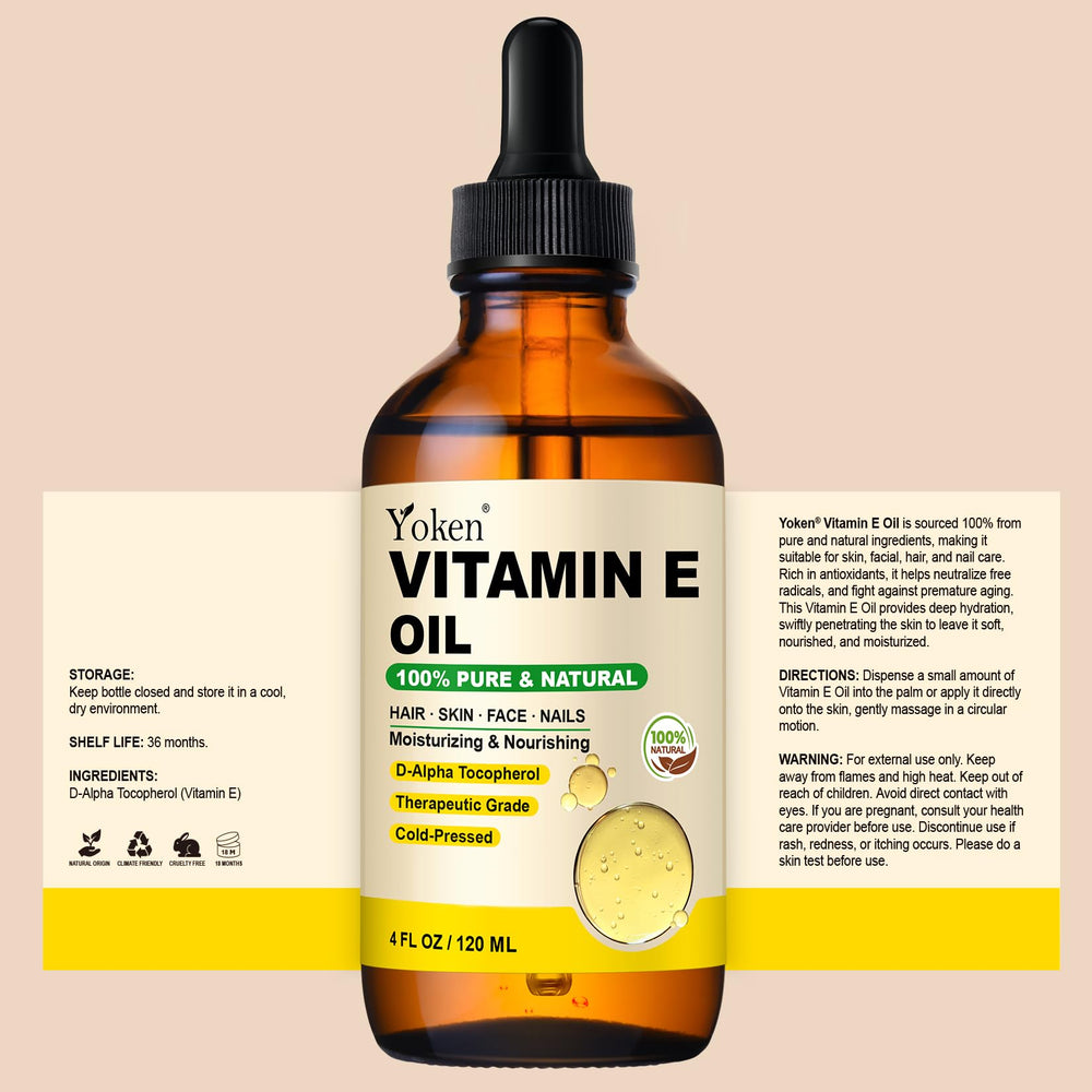 Yoken aceite vitamina E en envase de vidrio, opción ética y libre de crueldad.