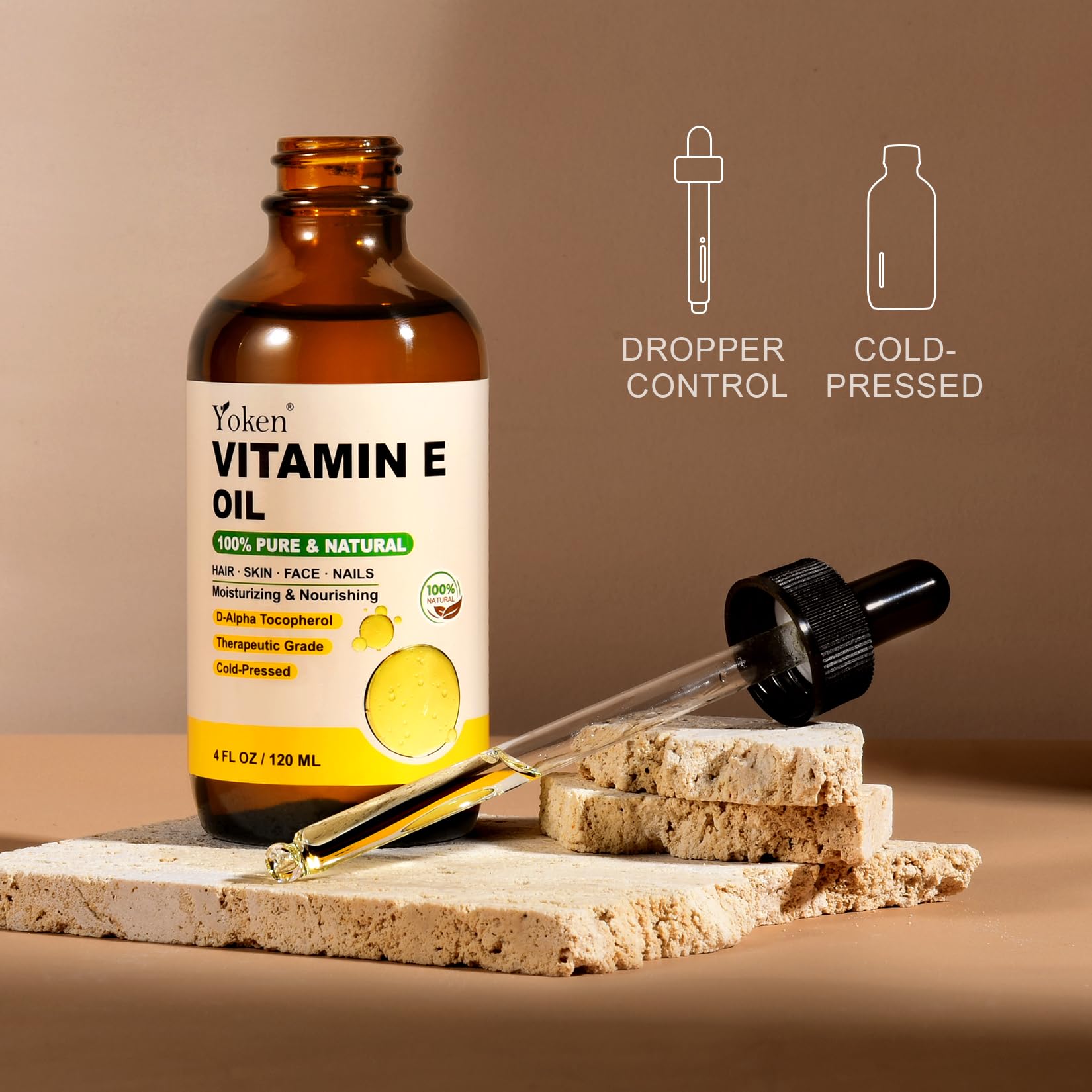 Yoken aceite vitamina E ideal para masaje corporal y hidratación de la piel.