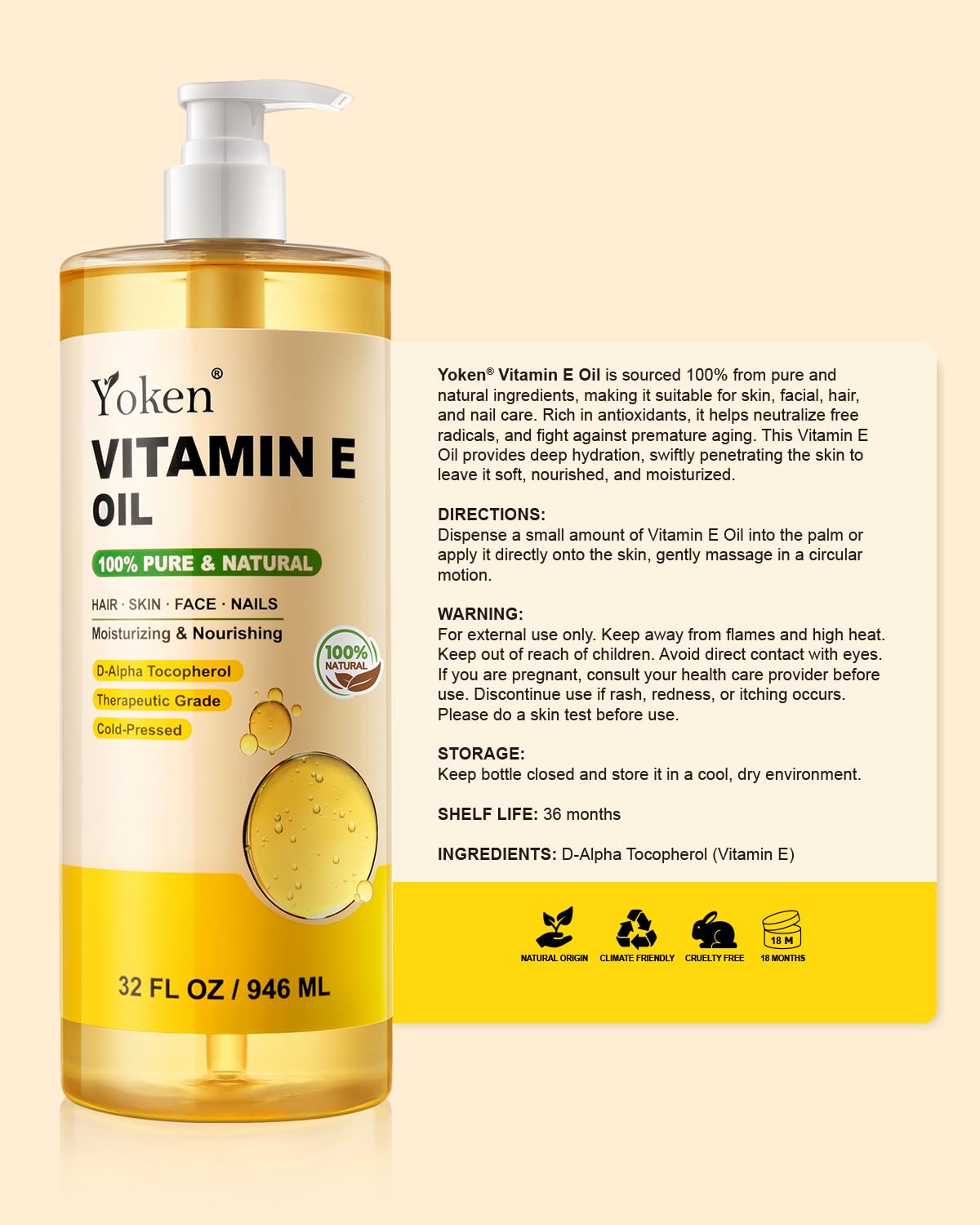 Yoken Aceite Vitamina E uso diario para piel suave