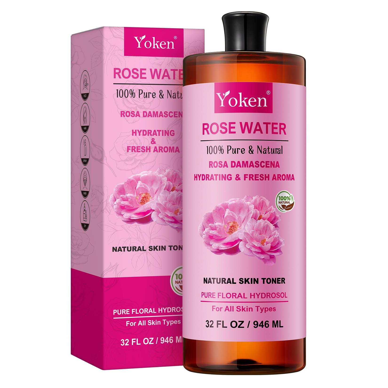 Yoken Agua de Rosas Damascena en botella ámbar para preservar frescura