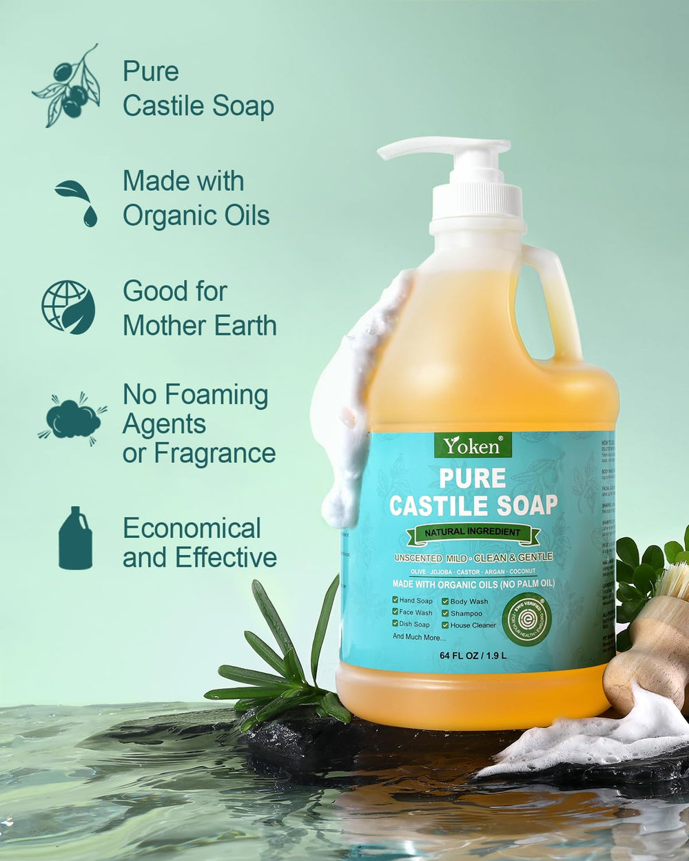 Yoken Jabón Castile Orgánico con ingredientes naturales para limpieza