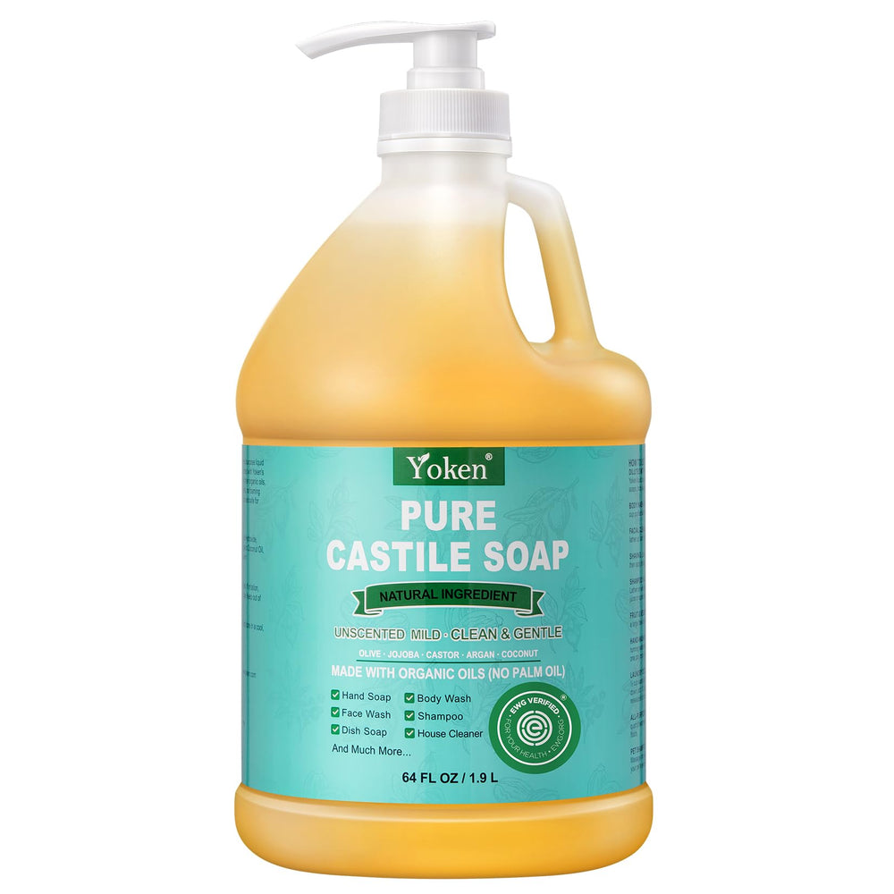 Yoken Jabón Castile Orgánico sin fragancia 64 oz, espuma suave para piel y manos