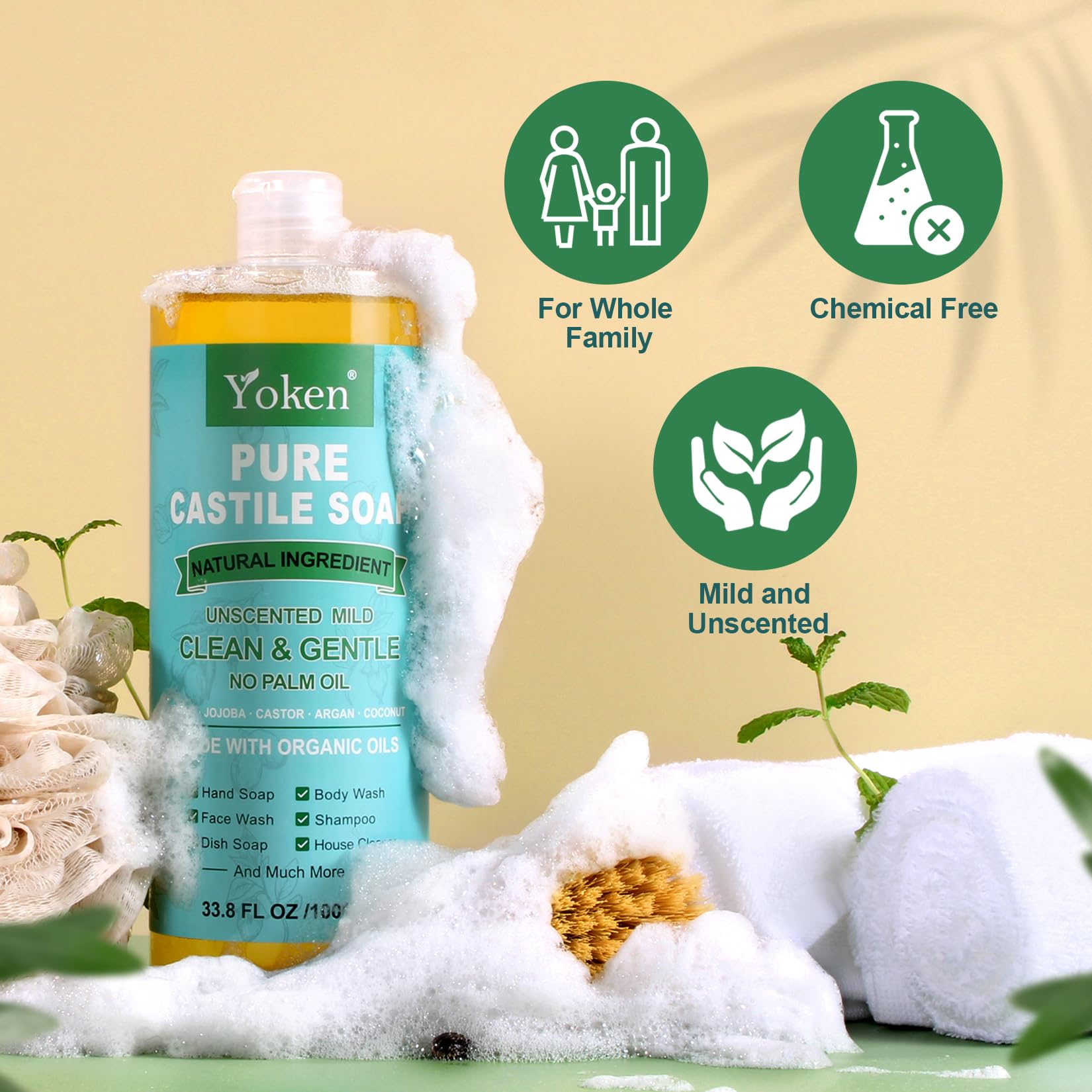 Savon Yoken Castile pur sans parfum, lavage du linge, nettoyant concentré.