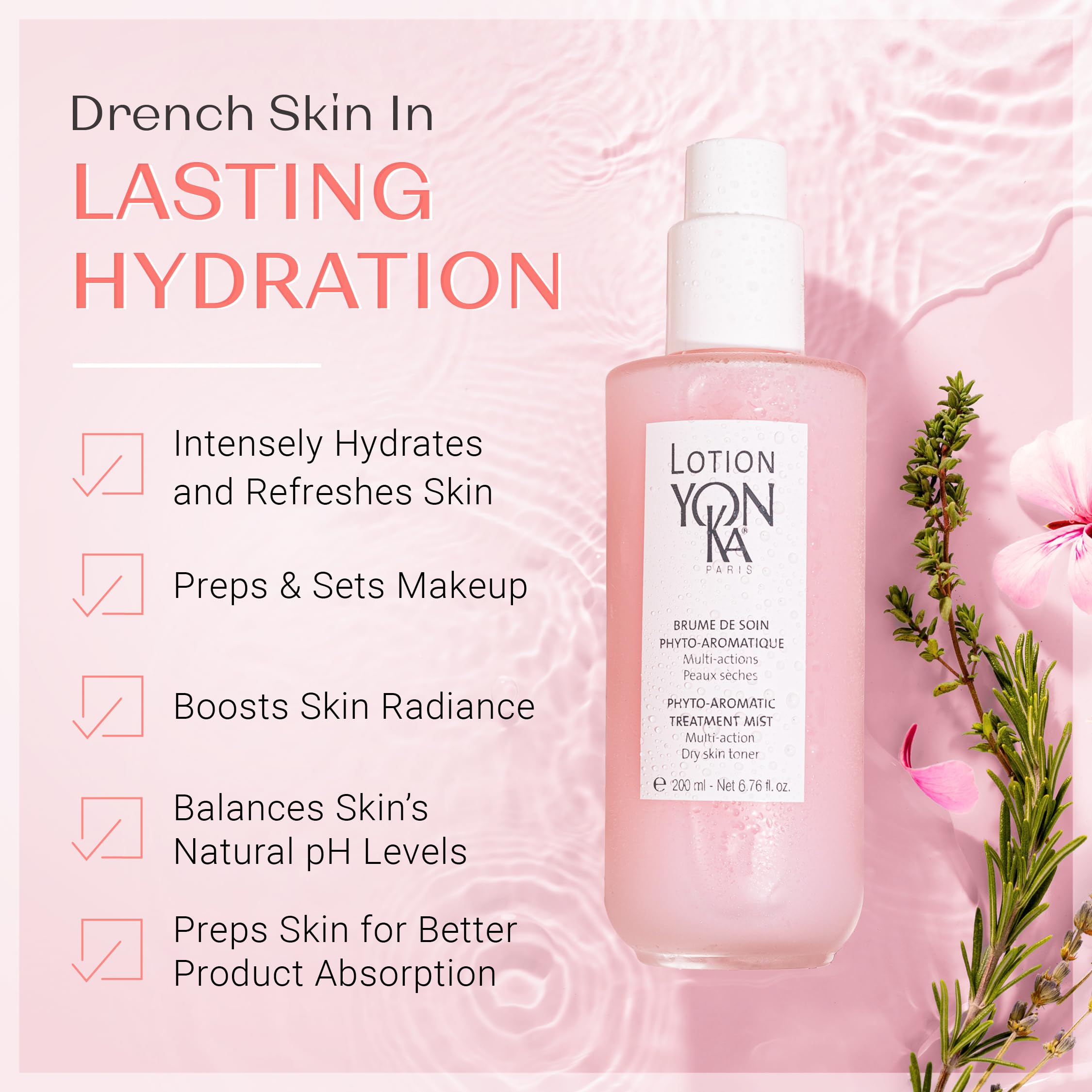 Yon-Ka PS bruma facial, rociado suave para refrescar la piel sensible.