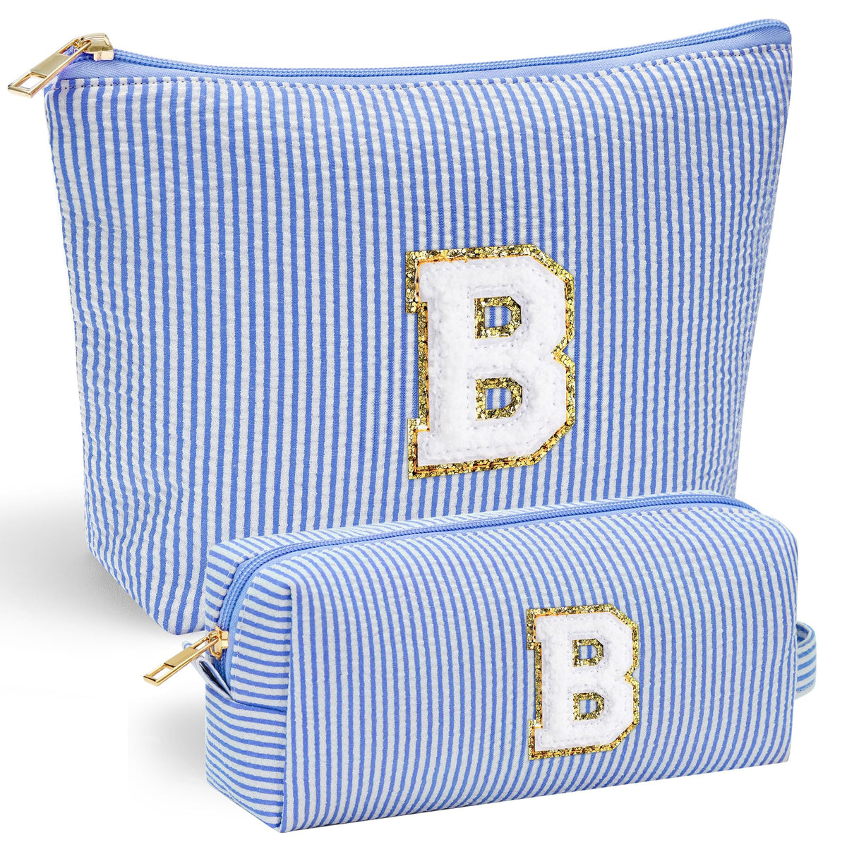 Bolso de maquillaje YOOLIFE con inicial en chenille azul, almacenamiento práctico para regalos.