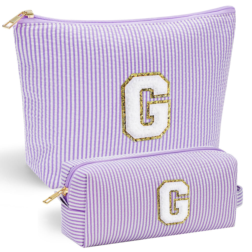 YOOLIFE bolso maquillaje inicial morado frente, ideal para organizar tus esenciales.