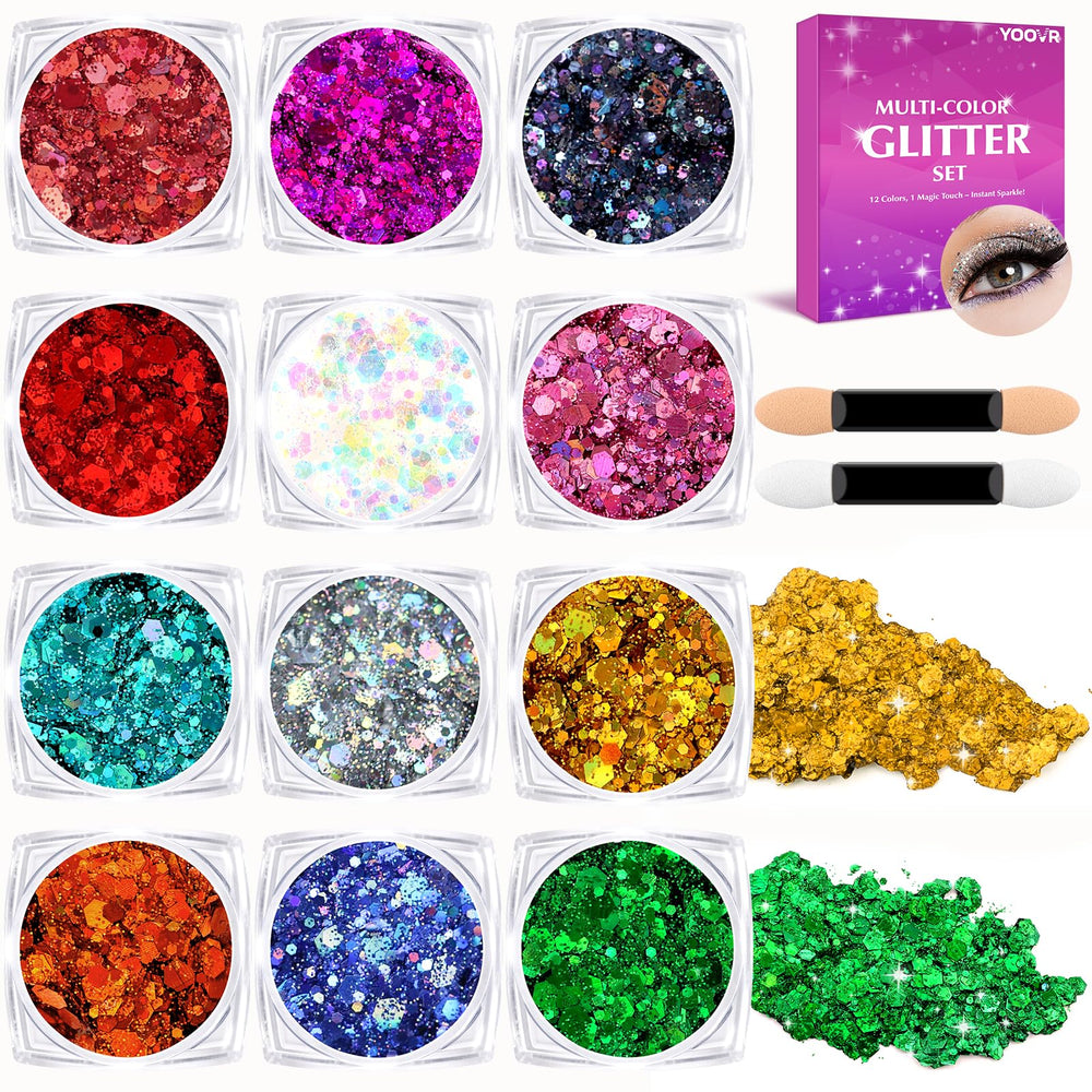 YOOVR kit purpurina rostro y cuerpo con 12 colores para looks festivos.