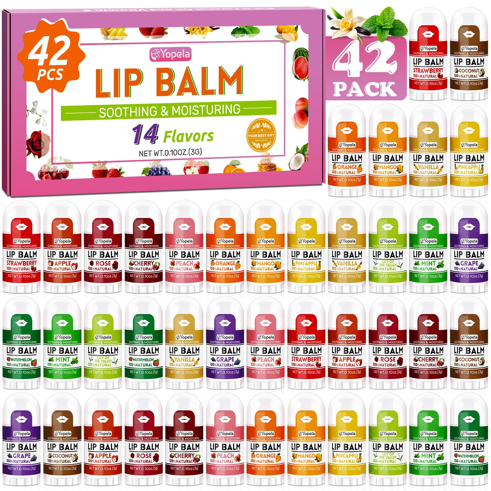 Bálsamo labial Yopela mini set de 42 unidades con 14 sabores.