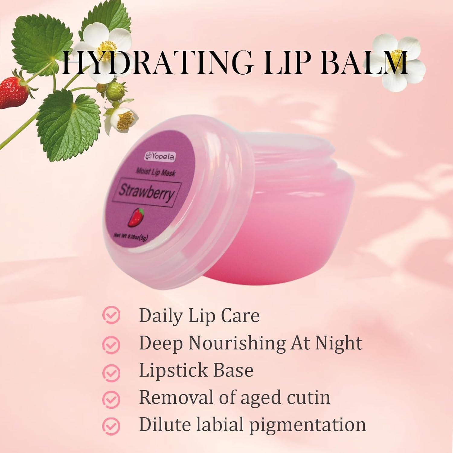 Yopela máscara de labios fresa rosa para una experiencia sensorial agradable.