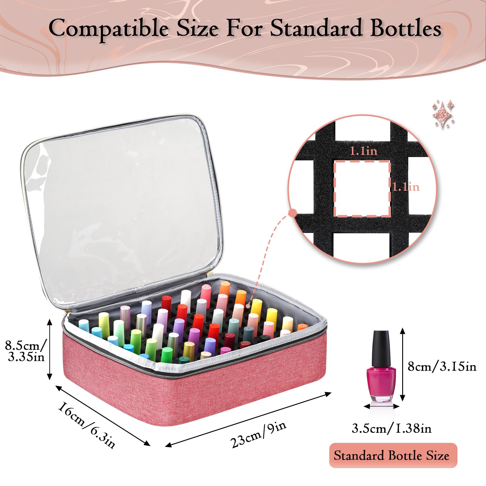 Emplacements éponge compatibles pour bouteilles standard de vernis.
