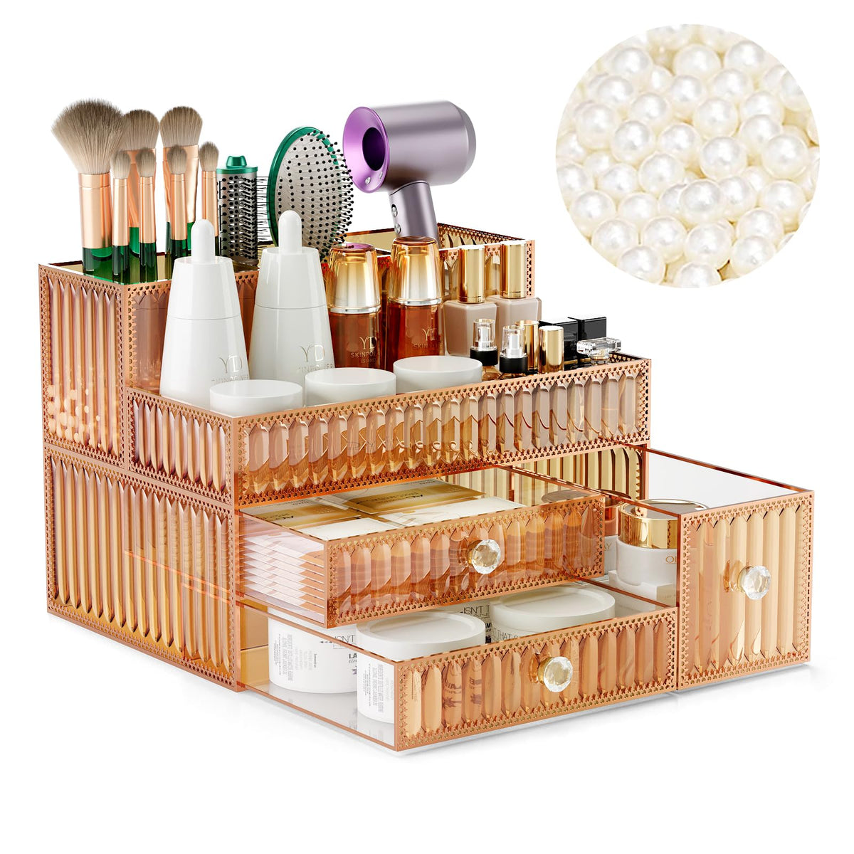 Youdepot Organisateur maquillage en verre trempé doré pour un rangement élégant.