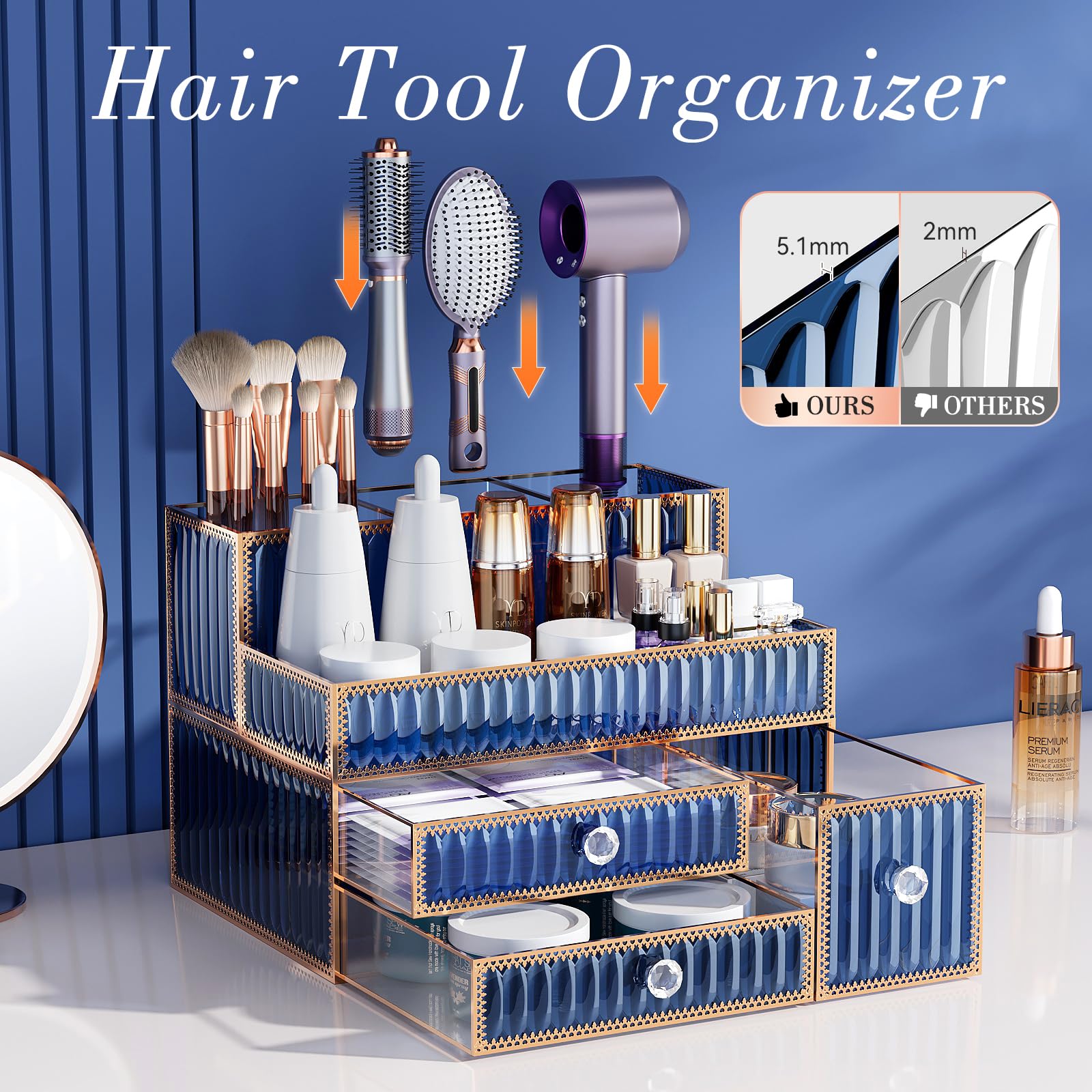 Youdepot organizador de cosméticos azul facilita acceso rápido a productos en el tocador.