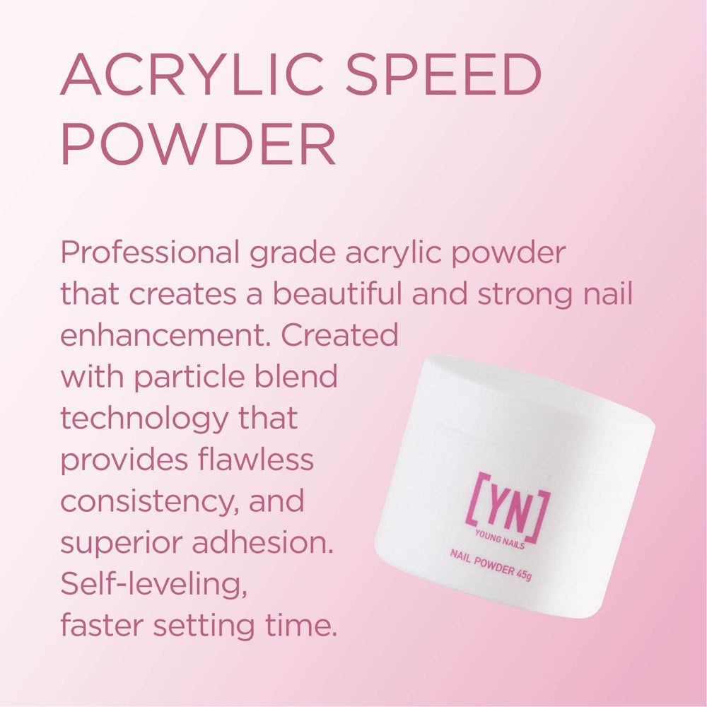 Young Nails envase de 45 g con polvo acrílico transparente para resultados consistentes.