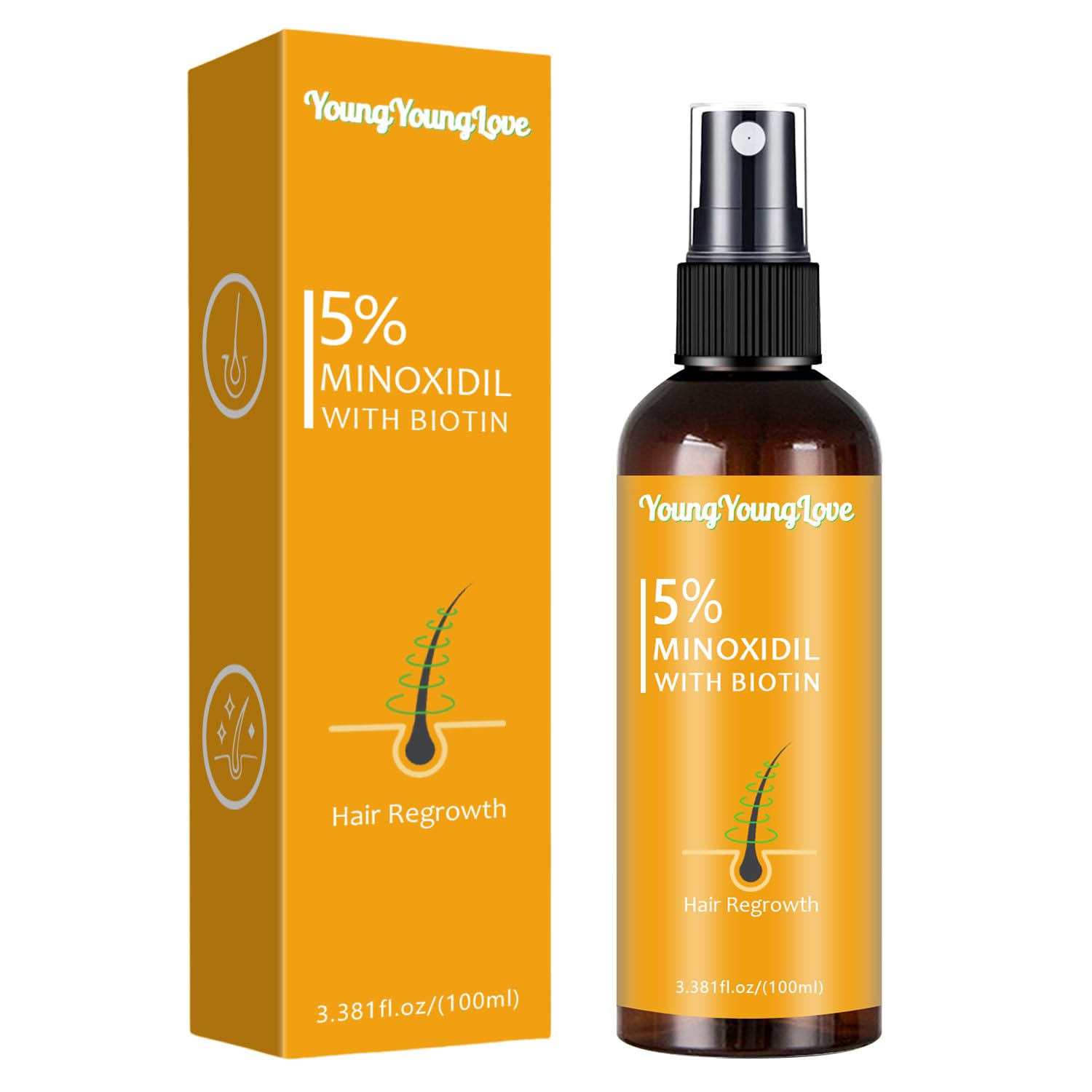 Frasco de YOUNGYOUNGLOVE Minoxidil 5% con biotina para uso diario.