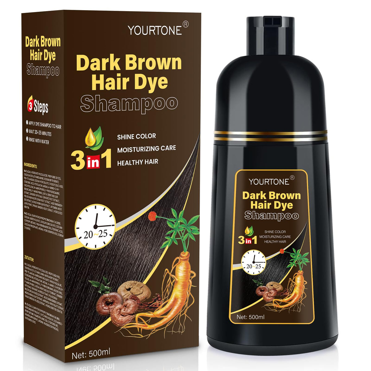 YOURTONE champú-tinte 3 en 1 marrón oscuro cubre canas con color uniforme