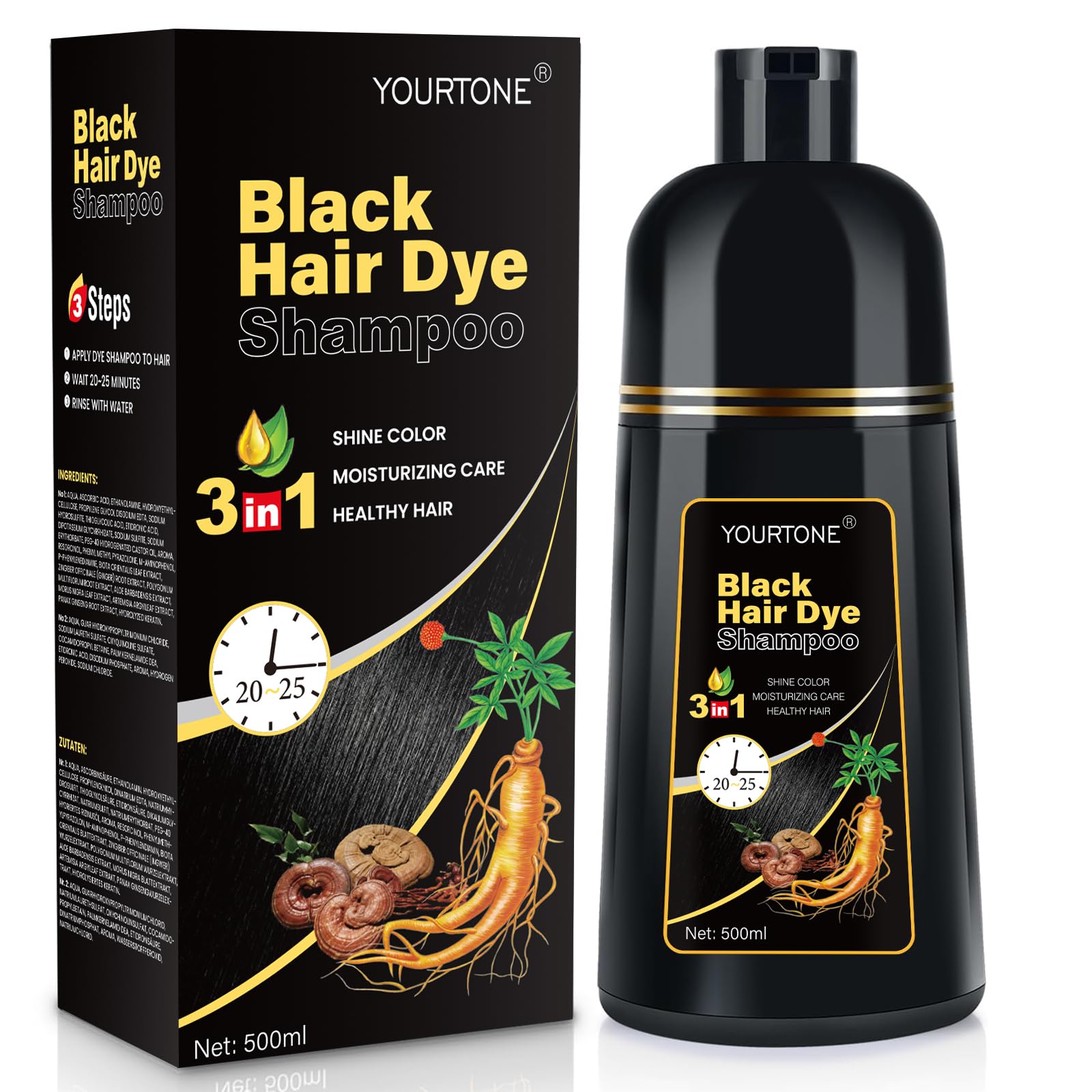 YOURTONE tinte negro para cabello en champú, botella de 500 ml, coloración rápida en casa.
