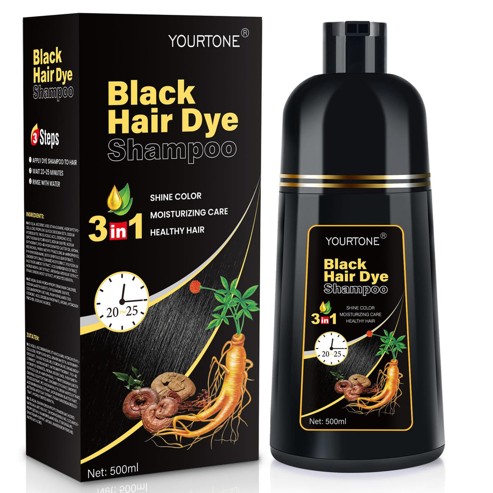 YOURTONE tinte negro para cabello en champú, botella de 500 ml, coloración rápida en casa.