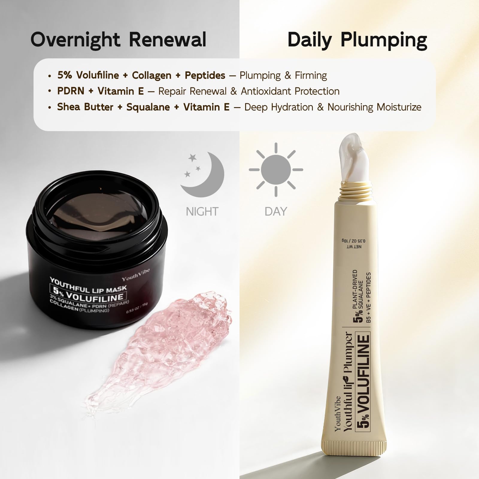 Sérum repulpant lèvres YouthVibe, cinq pour cent Volufiline, pour un aspect plus pulpeux.