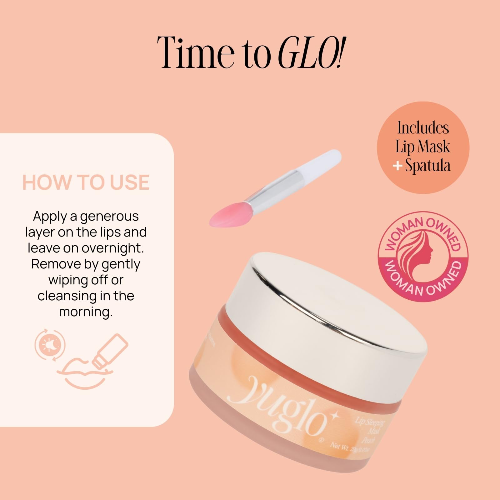YuGlo mascarilla labial nocturna, aplicación cómoda para despertar labios suaves.