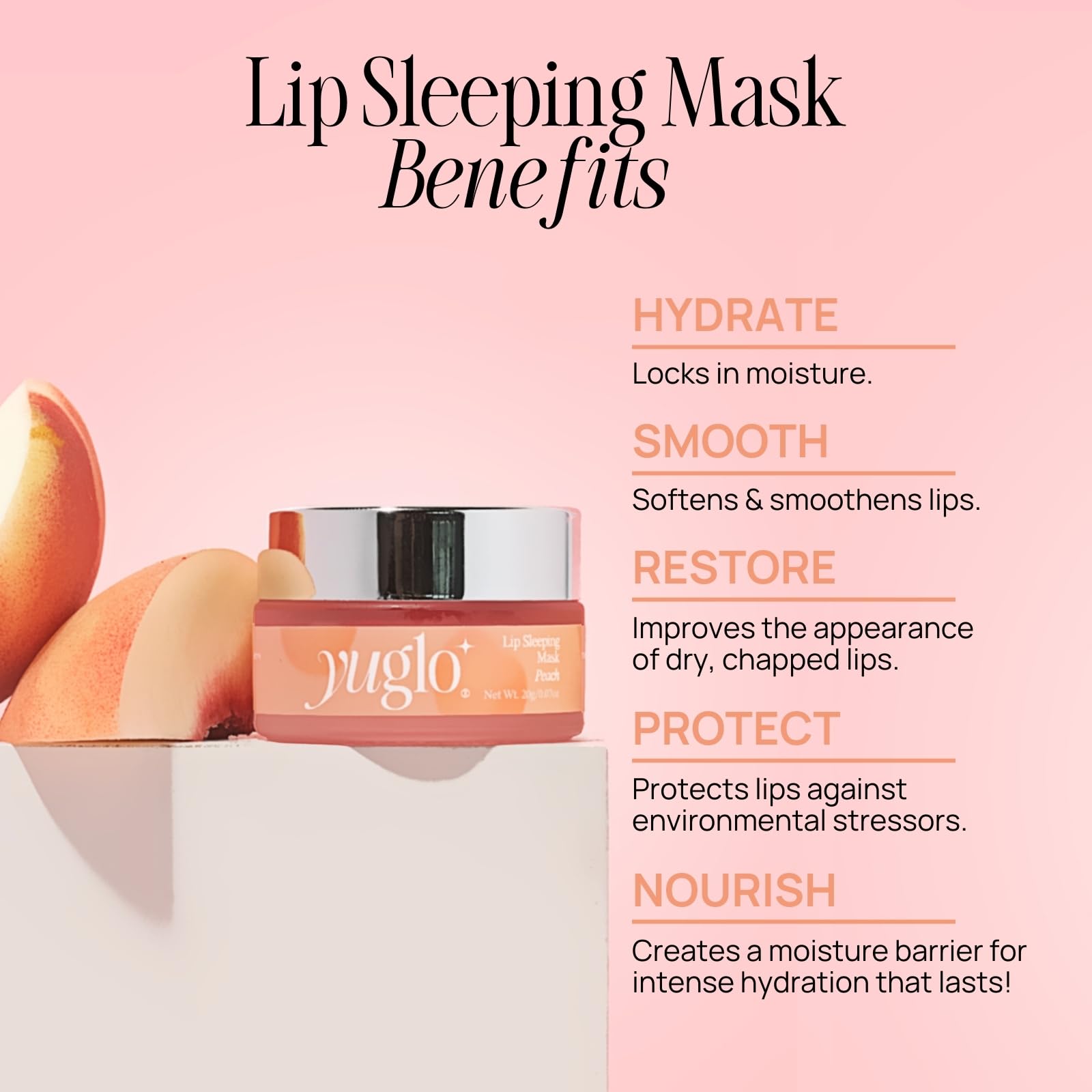 YuGlo mascarilla labial de noche, textura hidratante para labios secos.