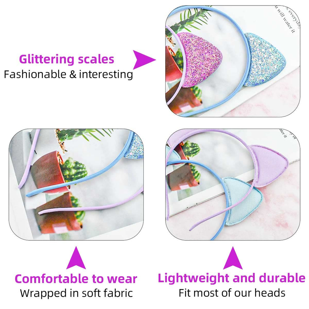 Diadema Yuntop con orejas de gato purpurina multicolor, apta para niñas y adultos.