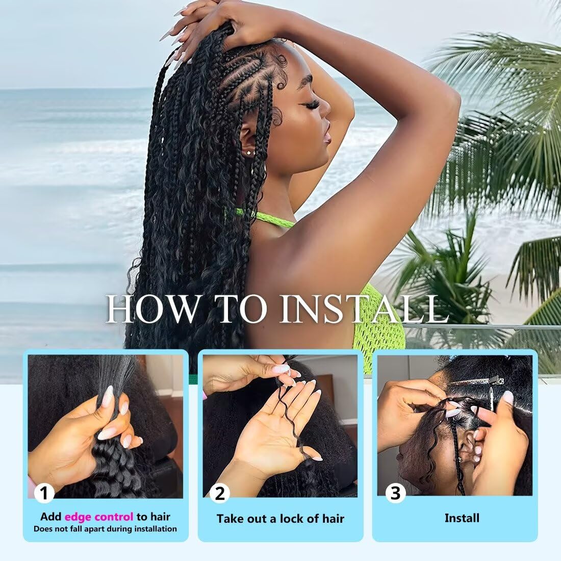 Detalle de trenzas boho de 16 pulgadas con cabello YUTU para estilo versátil.