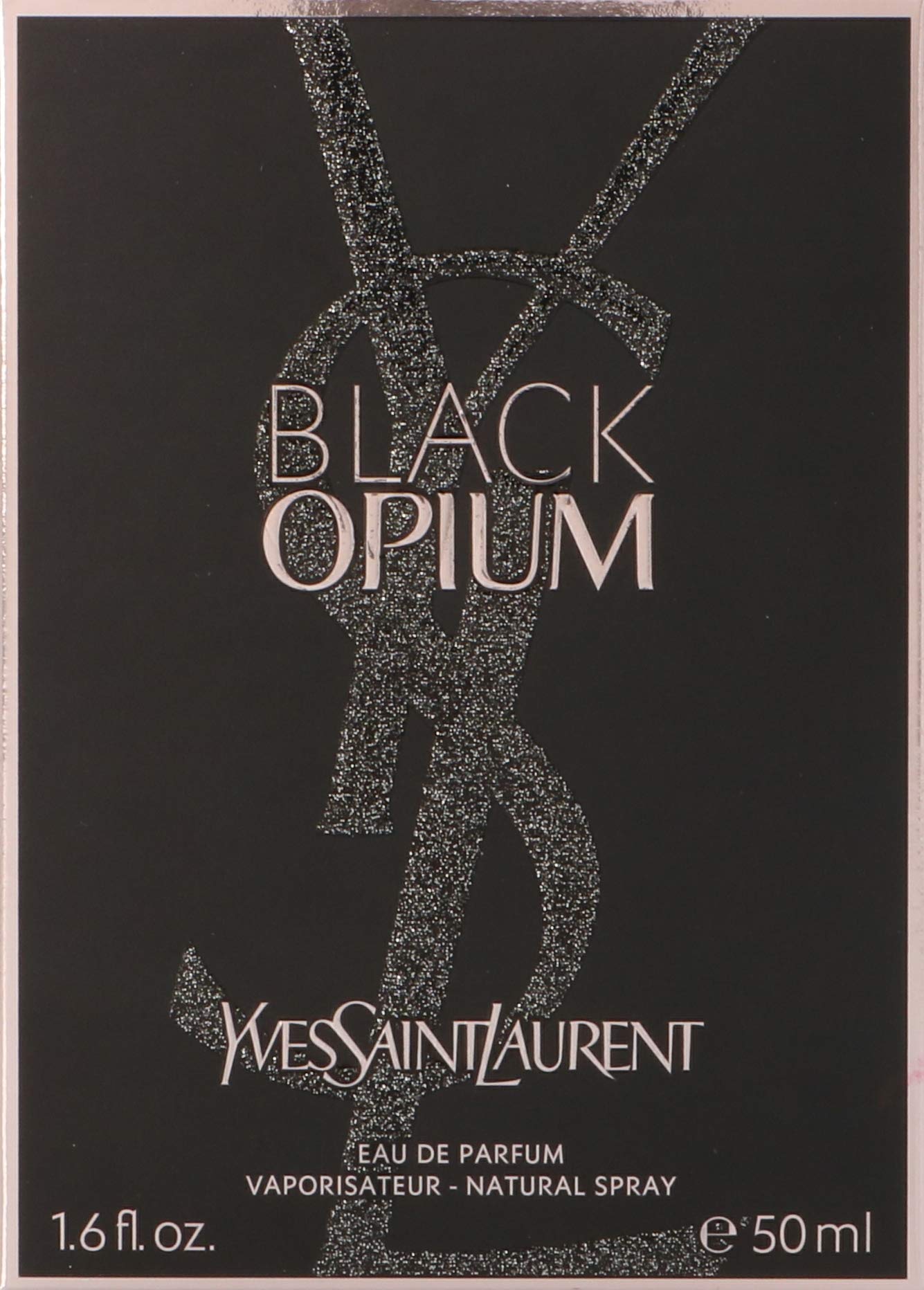 Yves Saint Laurent Black Opium, botella frontal, aroma seductor para noche especial.