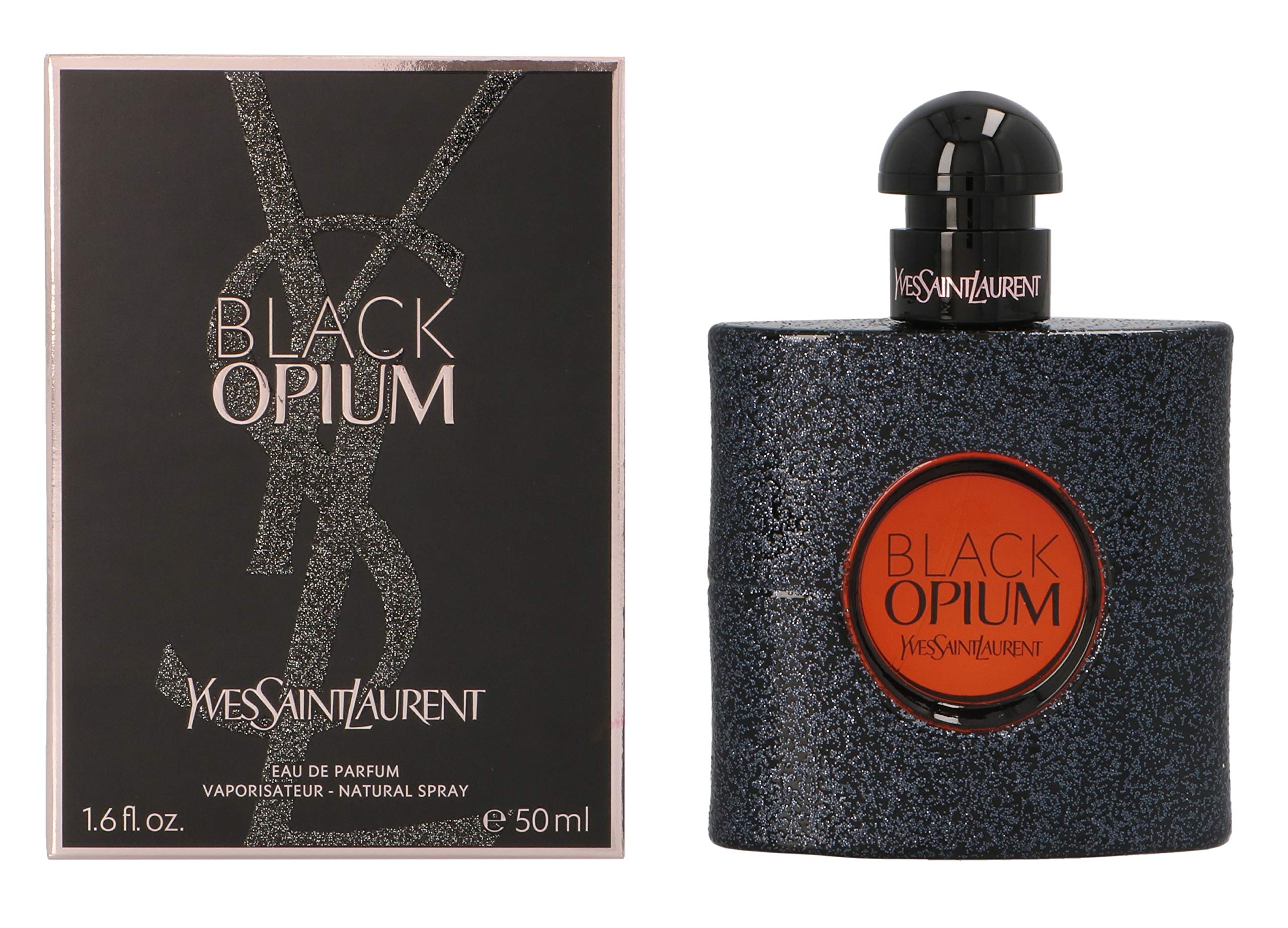 YSL Black Opium, detalle de etiqueta resalta la marca y estilo moderno.