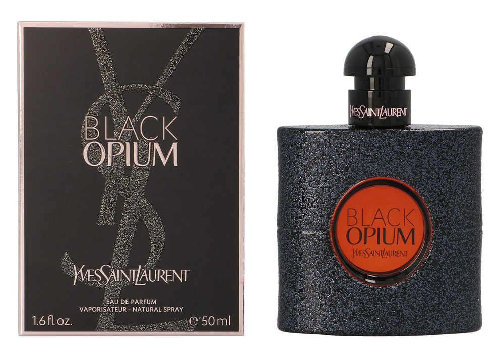 YSL Black Opium, detalle de etiqueta resalta la marca y estilo moderno.
