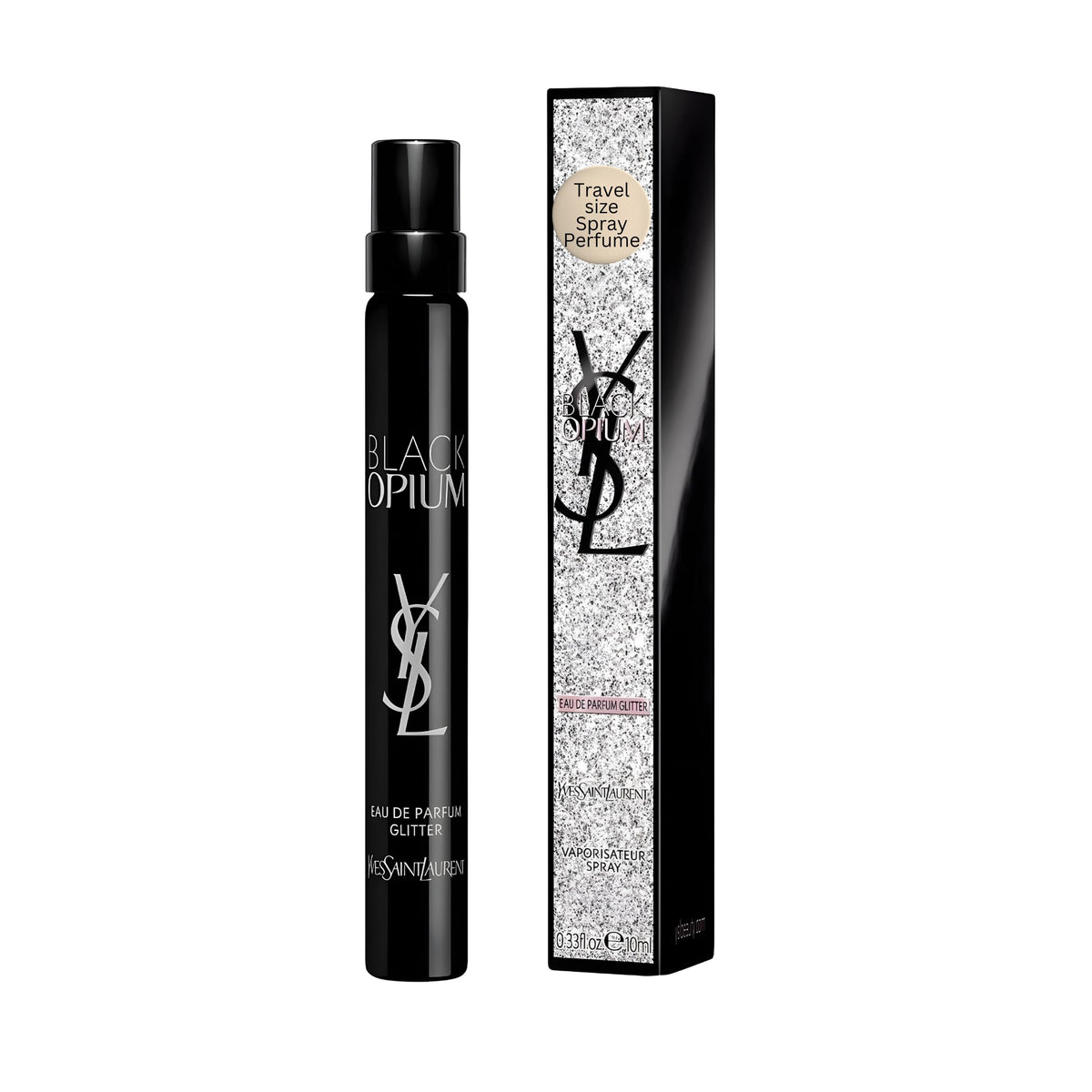 YSL Black Opium Glitter bottle closeup showing festive glitter finish.