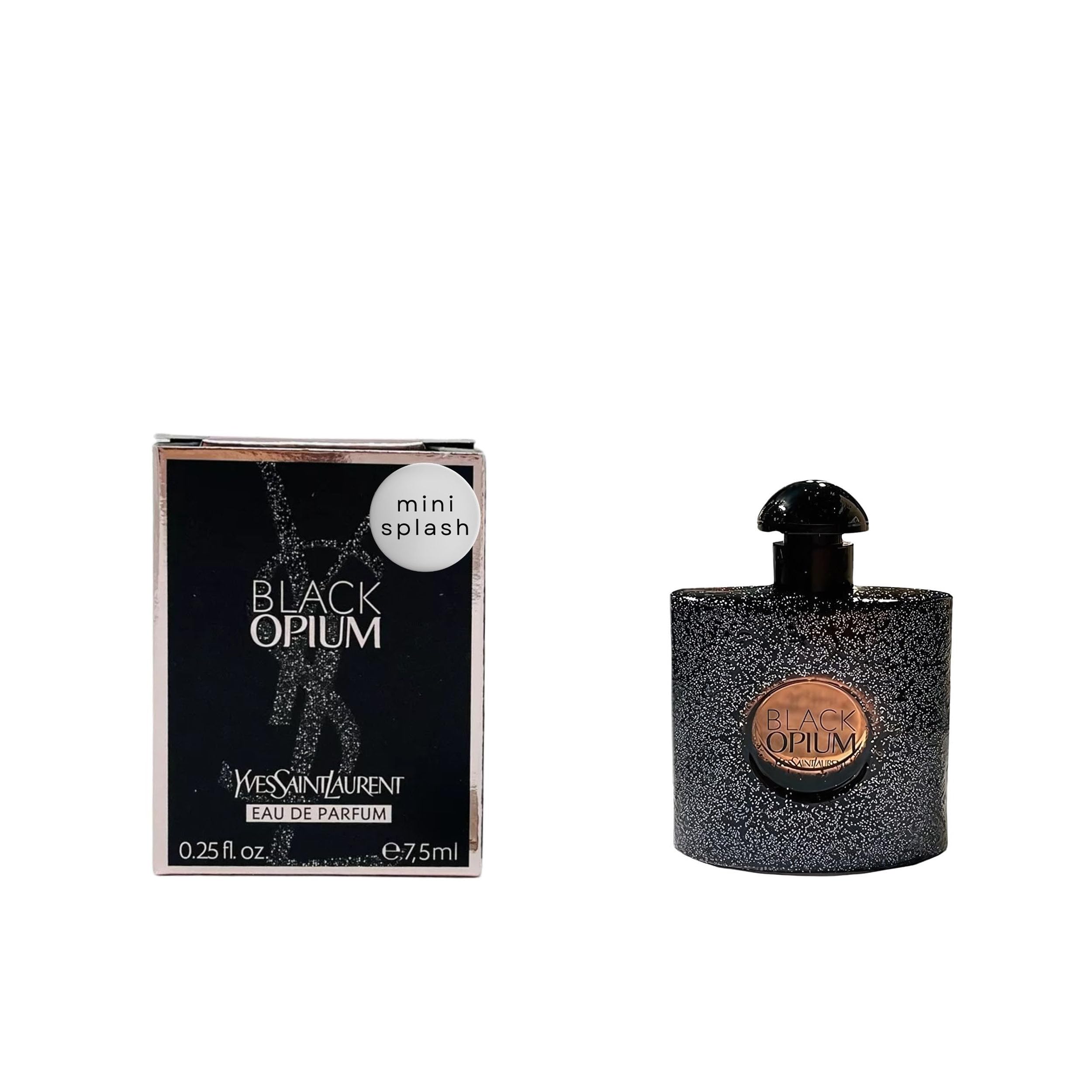 Yves Saint Laurent Black Opium mini frasco frontal, ideal para retoques diarios.