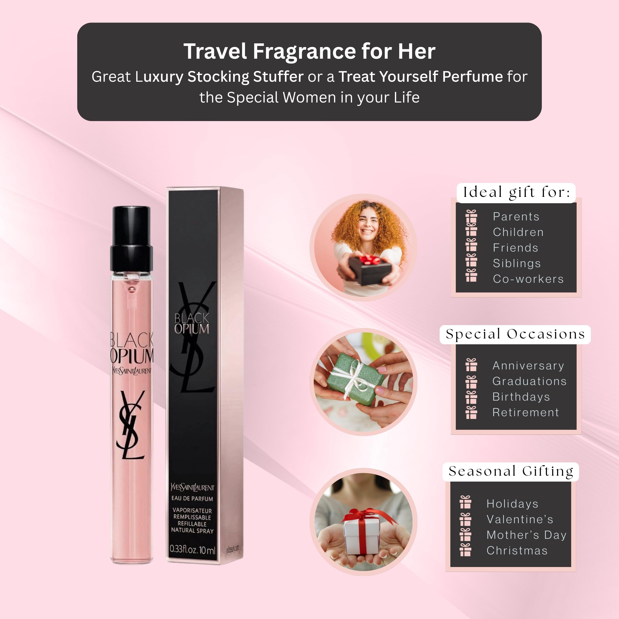 Yves Saint Laurent Black Opium, perfume portátil, tamaño de bolso para retoques en cualquier lugar.