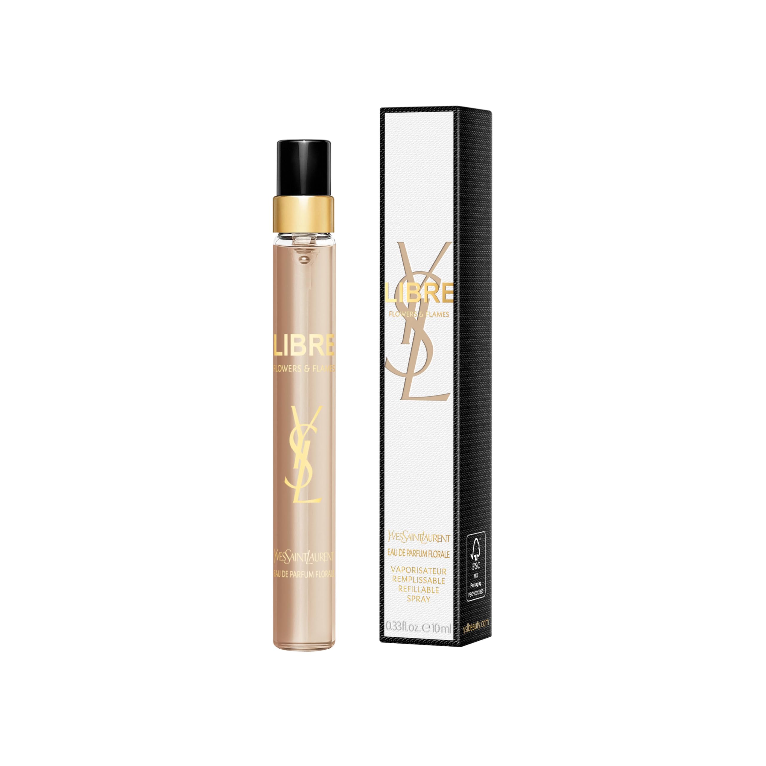 Yves Saint Laurent Libre Flowers & Flames, vista frontal de la botella, fragancia fresca y duradera.