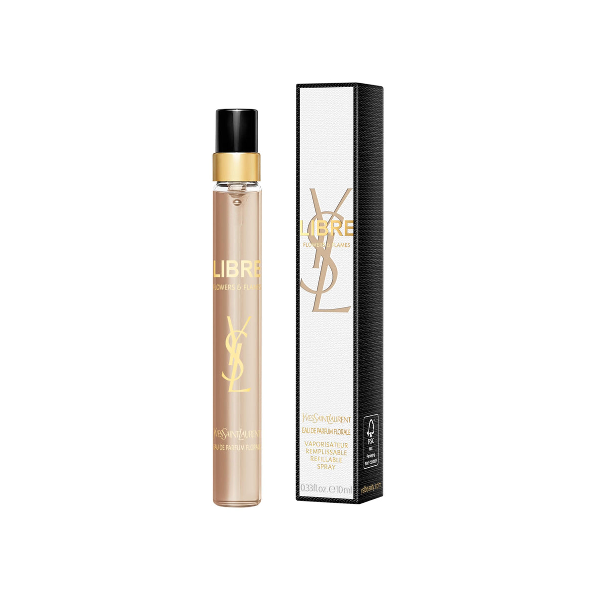Yves Saint Laurent Libre Flowers & Flames, vista frontal de la botella, fragancia fresca y duradera.