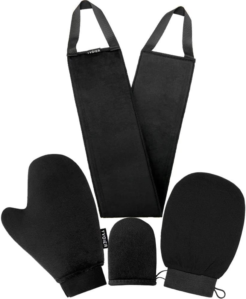 Yvoier guante exfoliante para bronceado, elimina células muertas para absorción uniforme.