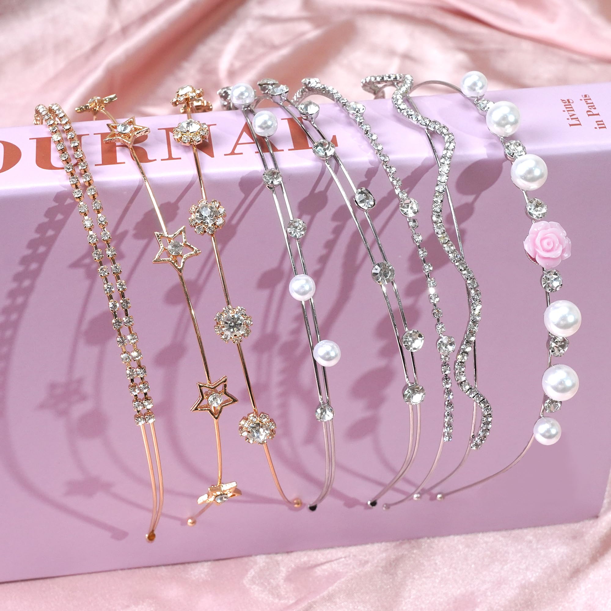 Diadema Yxiang con cristales de strass y perlas, detalle plateado para novias.