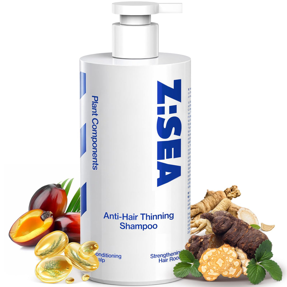 Z:SEA, botella de champú para crecimiento capilar, promueve cabello más grueso y saludable.