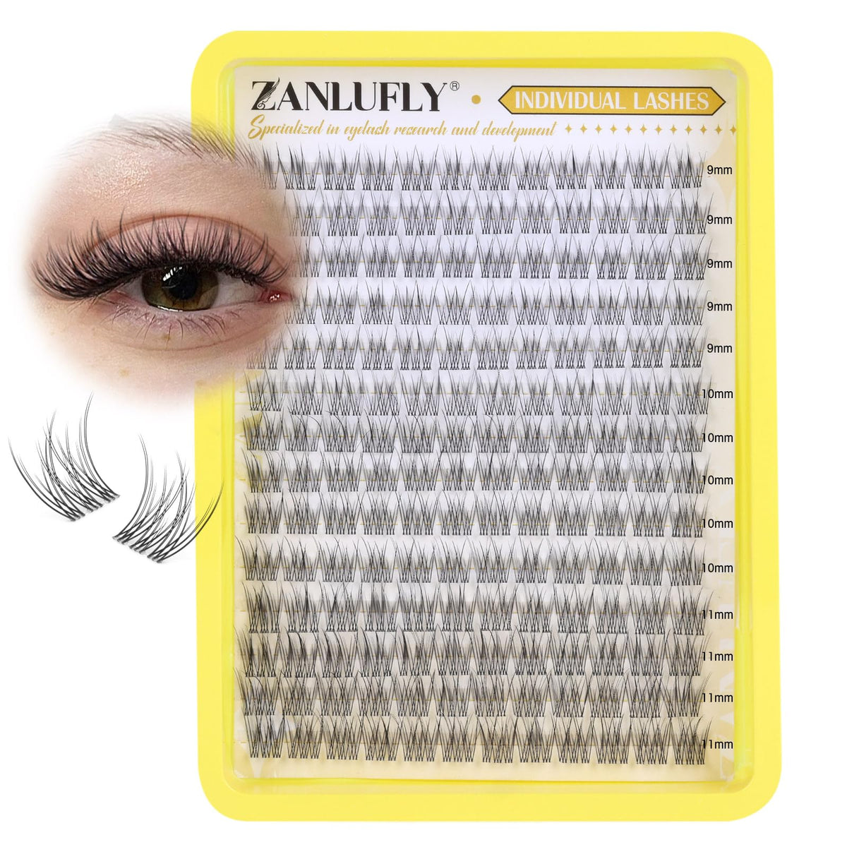 Pestañas Zanlufly cluster naturales CC-Curly 9mm, ligeras y para uso diario.