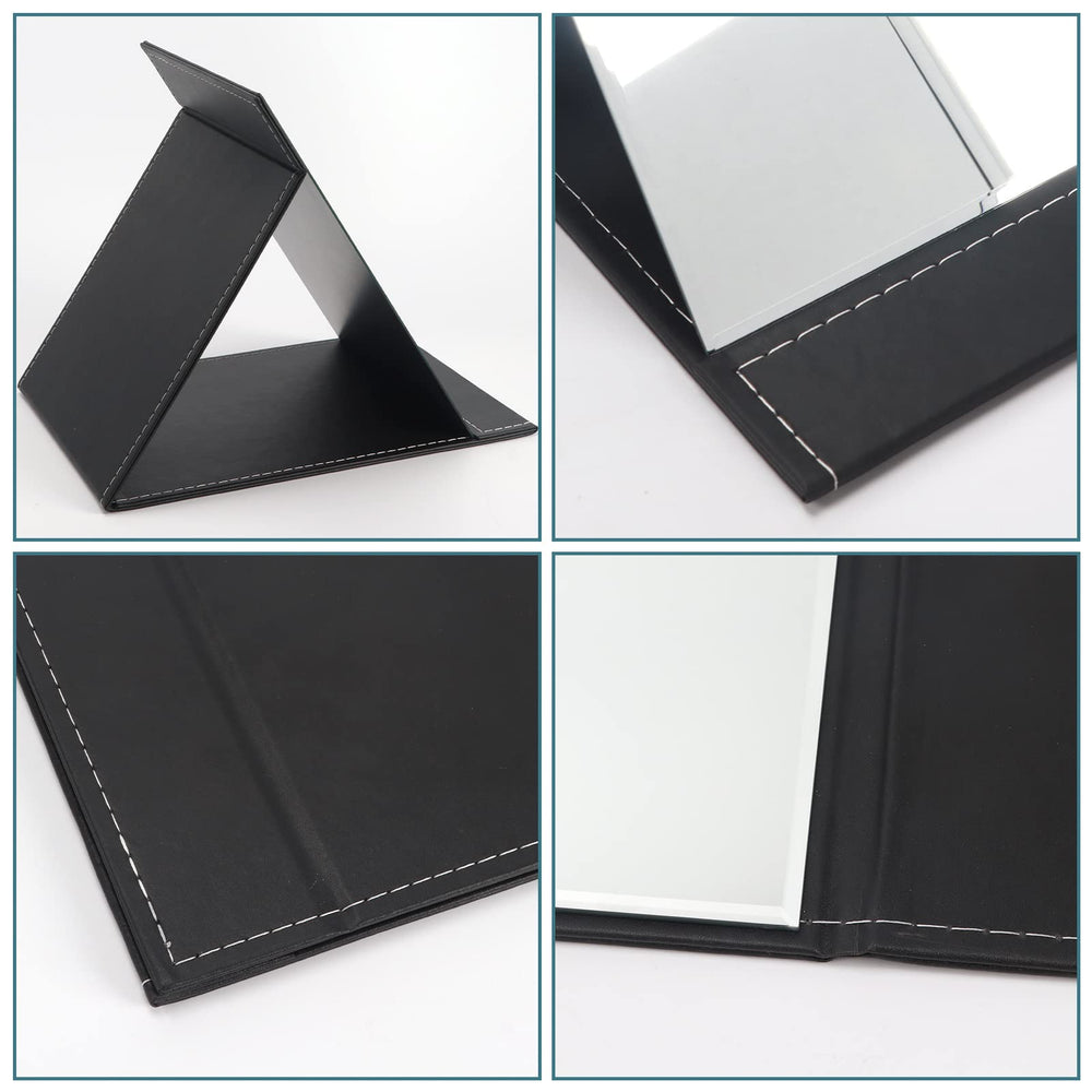 ZBEIVAN espejo cuero PU negro, diseño portátil y elegante para mesa.