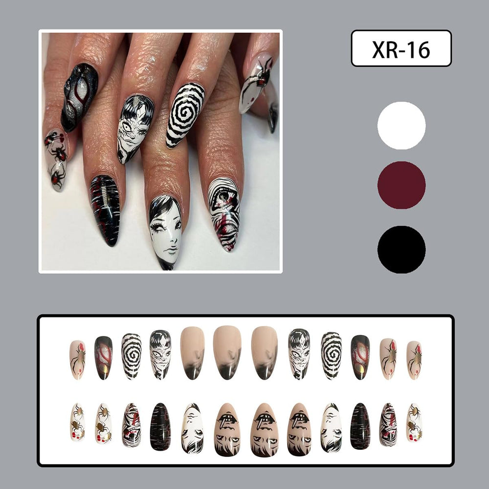 ZDIWOO Uñas Prensa Almendra: arte horror en uñas para temáticas oscuras.