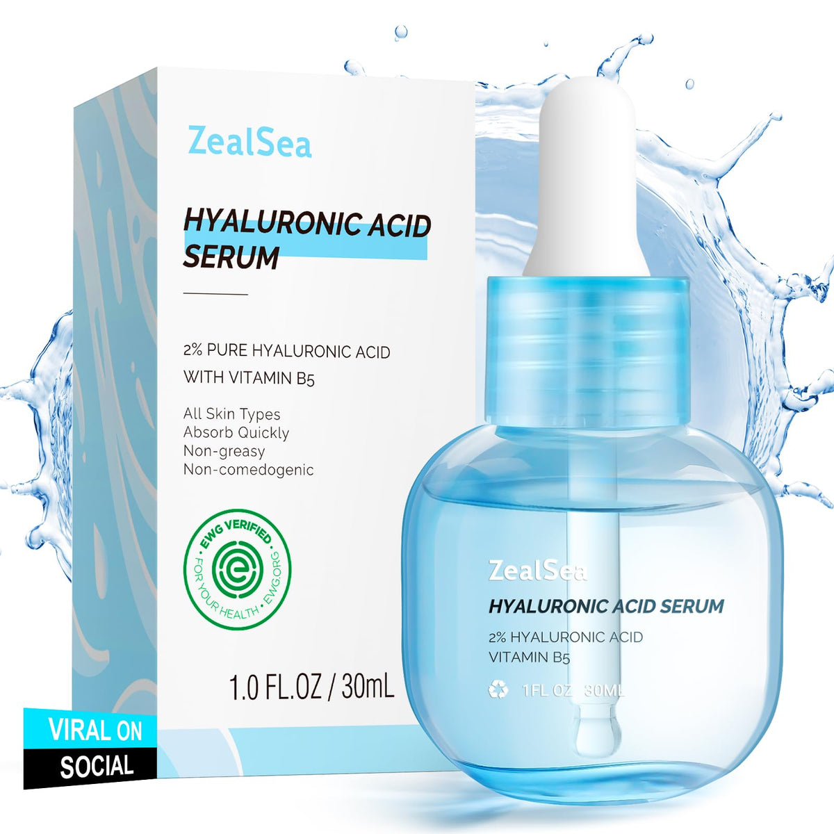 ZealSea serum hialuronico rostro, botella 1oz, hidratación intensa