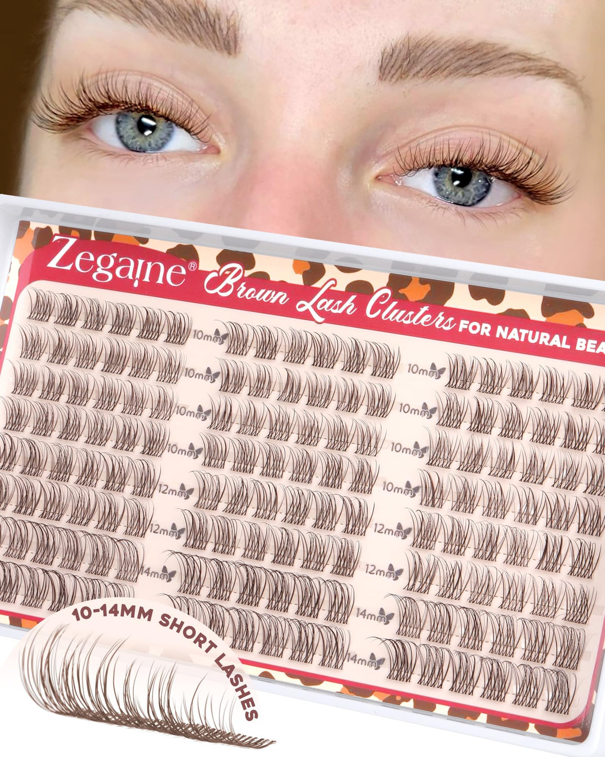 Pestañas Zegaine conjutos naturales marrones con banda transparente para look diario suave.