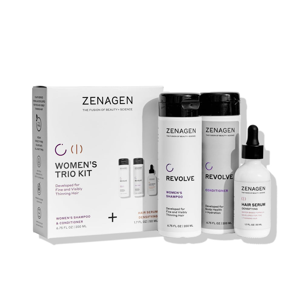 Zenagen Revolve champú, botella frontal, limpieza suave que fortalece el cabello.