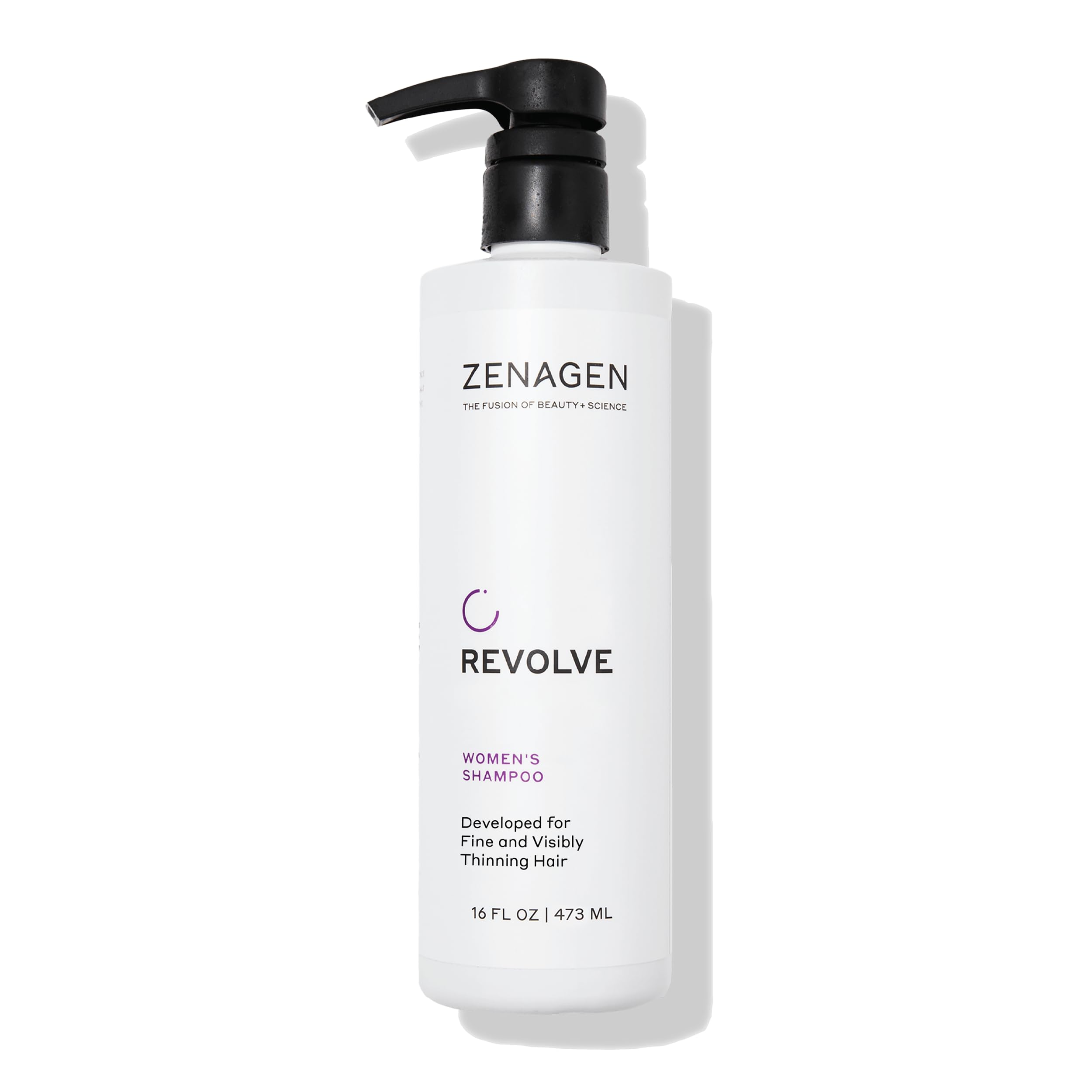 Zenagen Revolve – bouteille de shampooing montrant le packaging, soin capillaire pour cheveux fins.