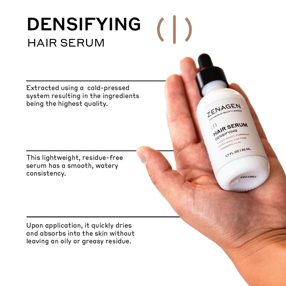 Zenagen suero densificante, aplicación en la palma, uso diario para cabello más fuerte.