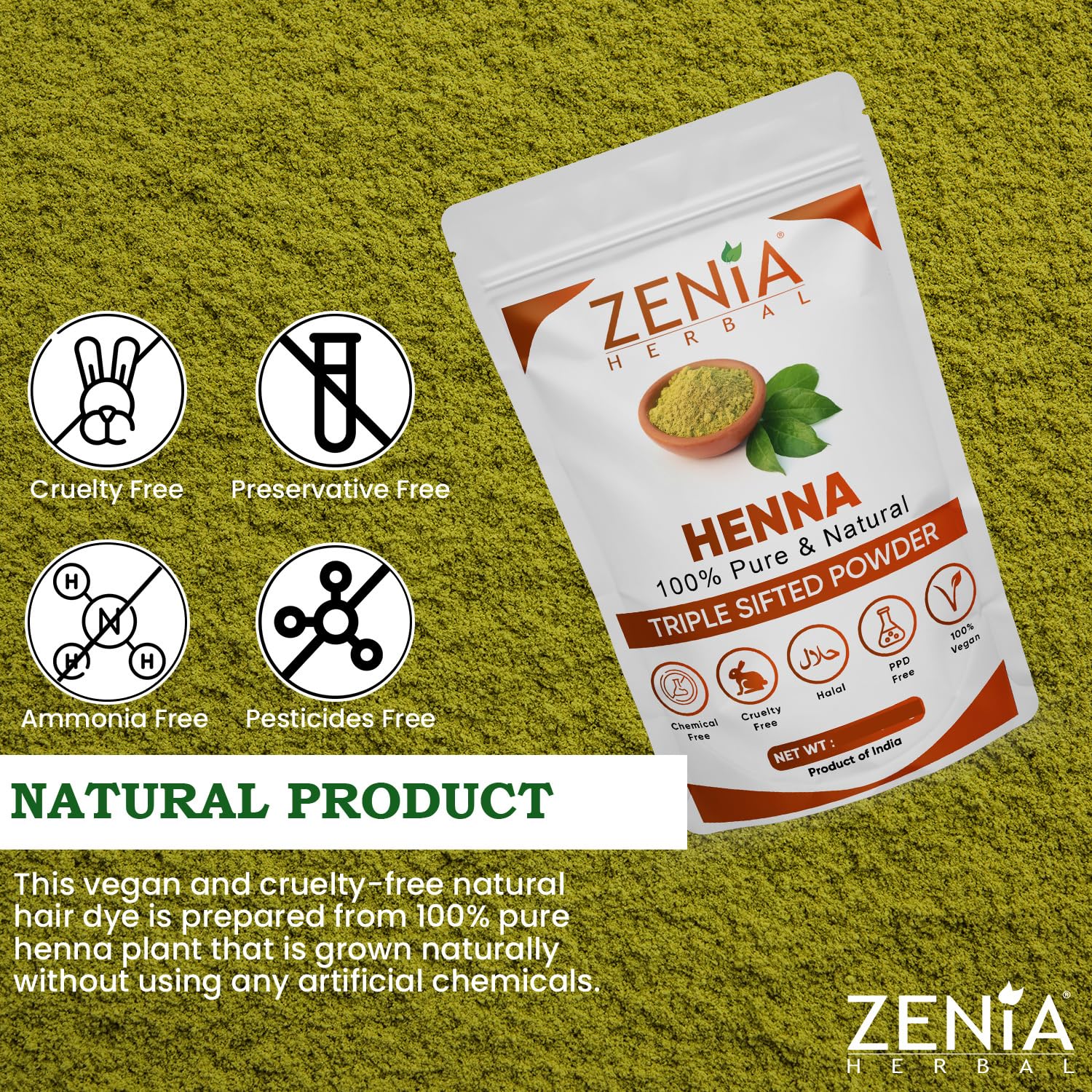Henna Zenia, origen Rajasthan, producto fresco para coloración natural